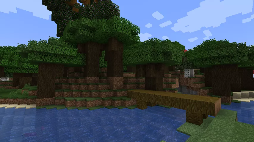 ジャングルの原木でできた橋のかかった川と、ダークオークが生い茂る対岸の森林の様子